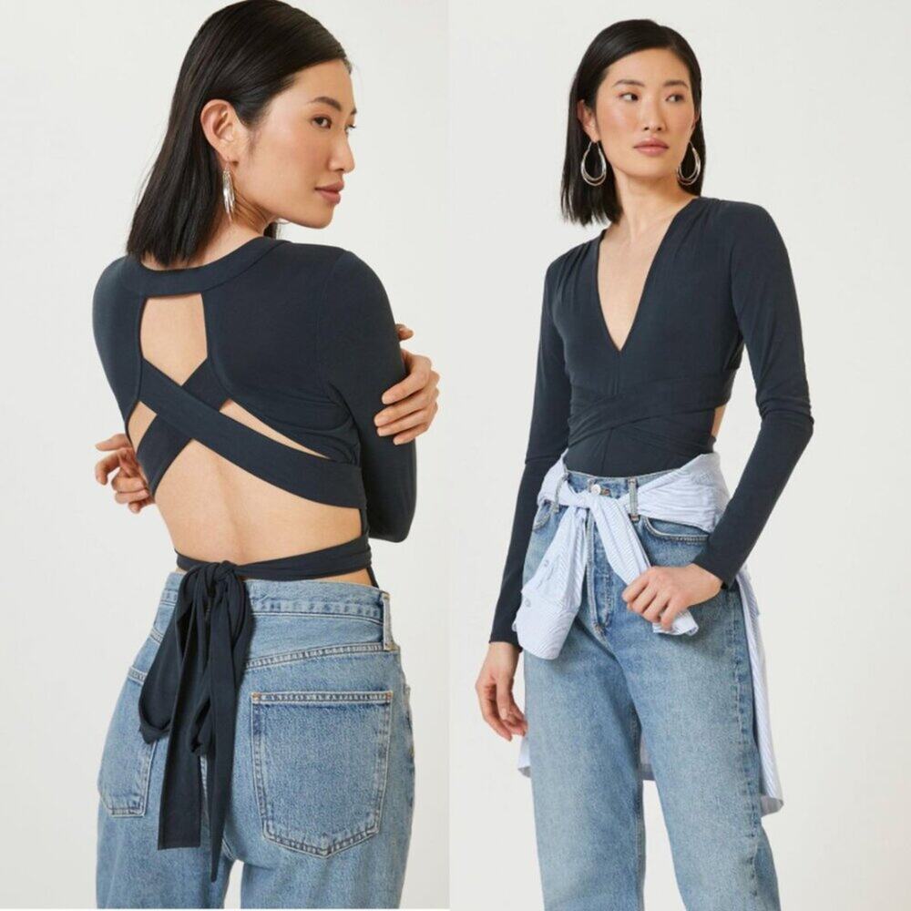 Anthropologie Black Open-Back Wrap Bodysuit